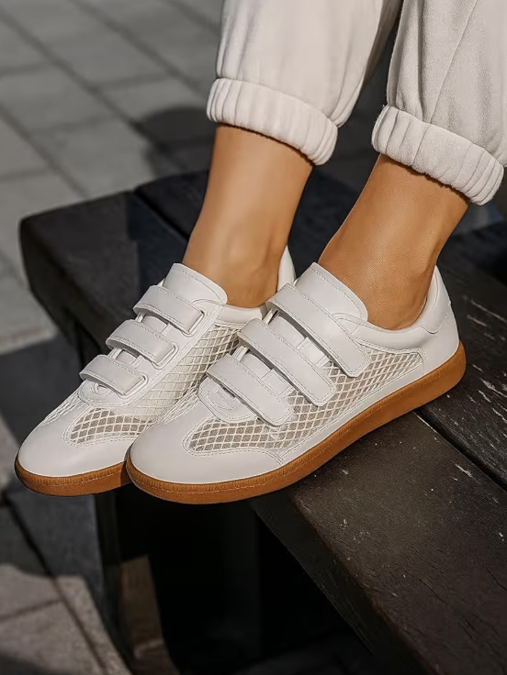 Women’s White Mesh Velcro Sneakers with Gum Sole